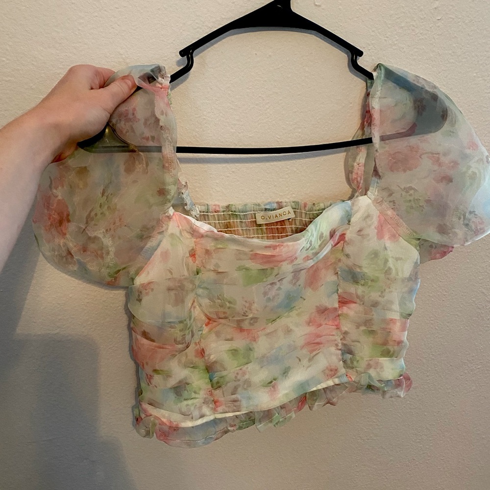 O.Vianca Sheer Sleeve Floral Top